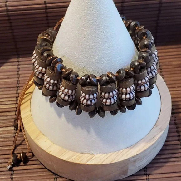 Vintage 90s Y2K Brown Wood Acrylic Rondelle Beads OSFA Adjustable Bracelet - Picture 3 of 9